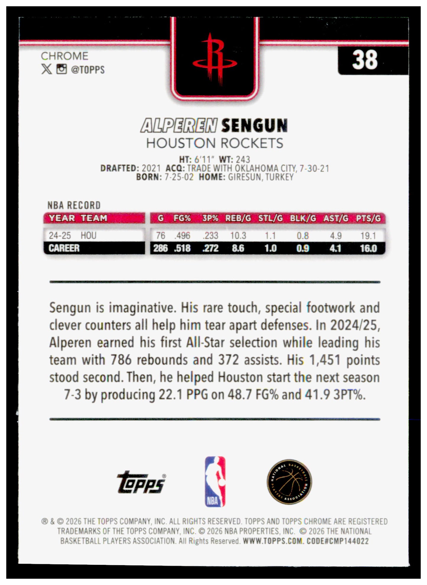 2025-26 Topps Chrome Update Alperen Sengun Card Houston Rockets
