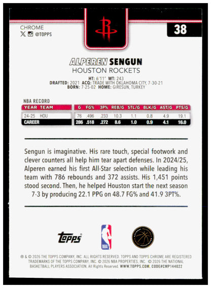 2025-26 Topps Chrome Update Alperen Sengun Card Houston Rockets