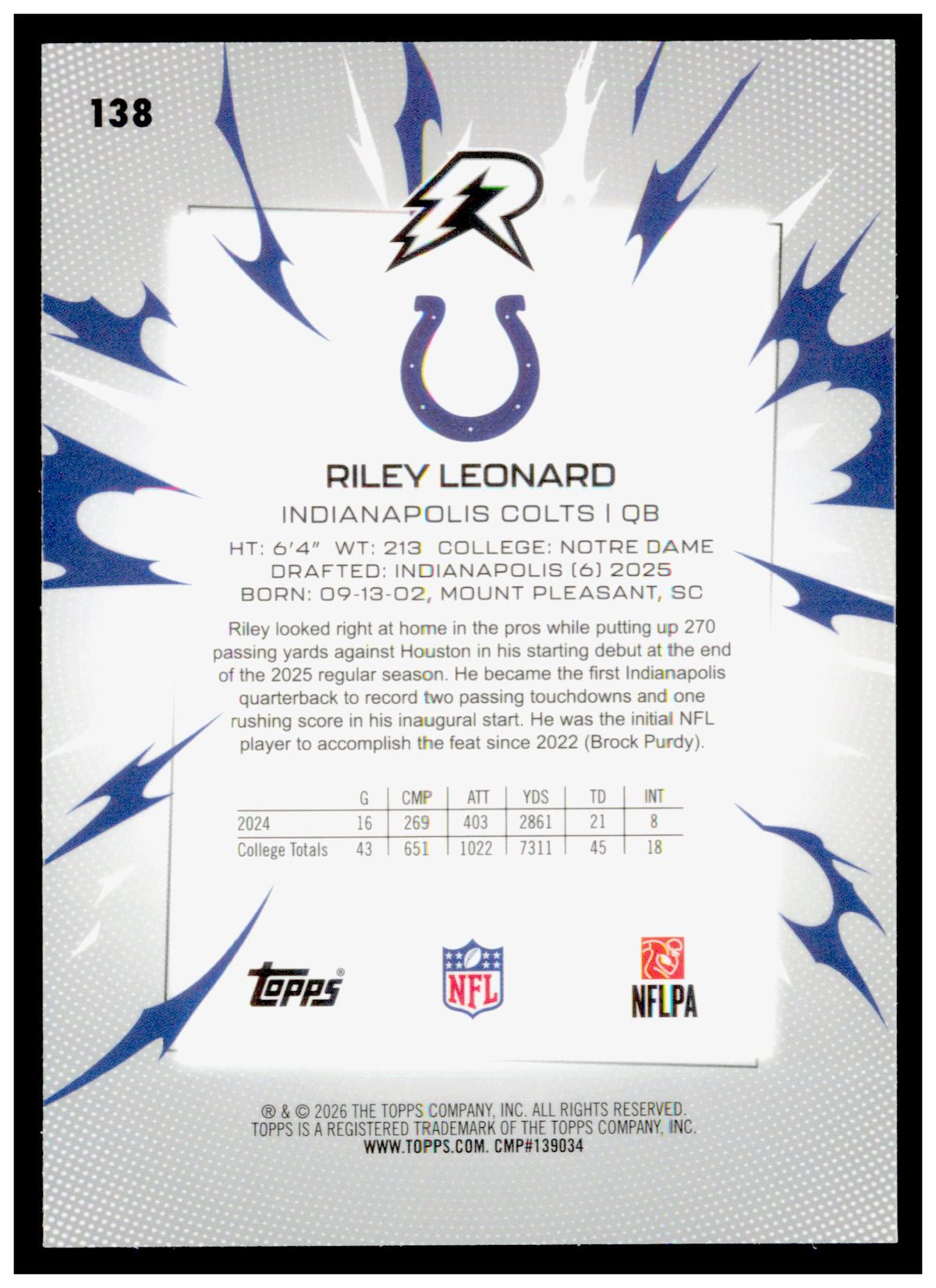 2025 Topps Resurgence Riley Leonard Card RC Indianapolis Colts