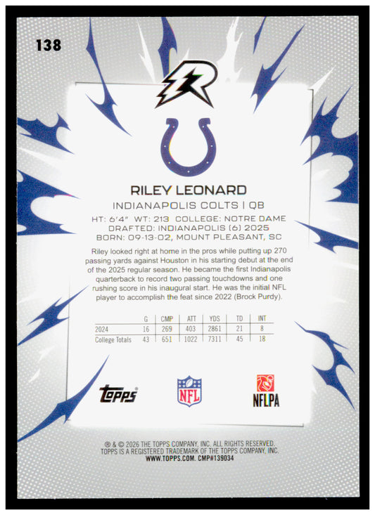 2025 Topps Resurgence Riley Leonard Card RC Indianapolis Colts