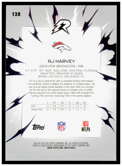 2025 Topps Resurgence RJ Harvey Card RC Denver Broncos