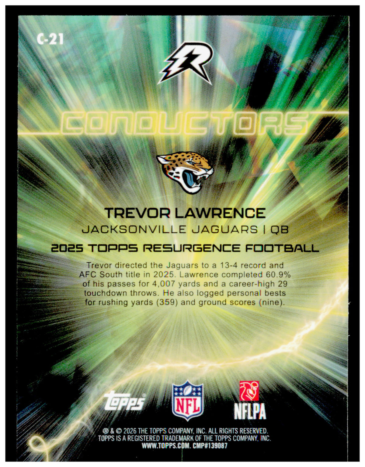 2025 Topps Resurgence Trevor Lawrence Card Conductors Jacksonville Jaguars