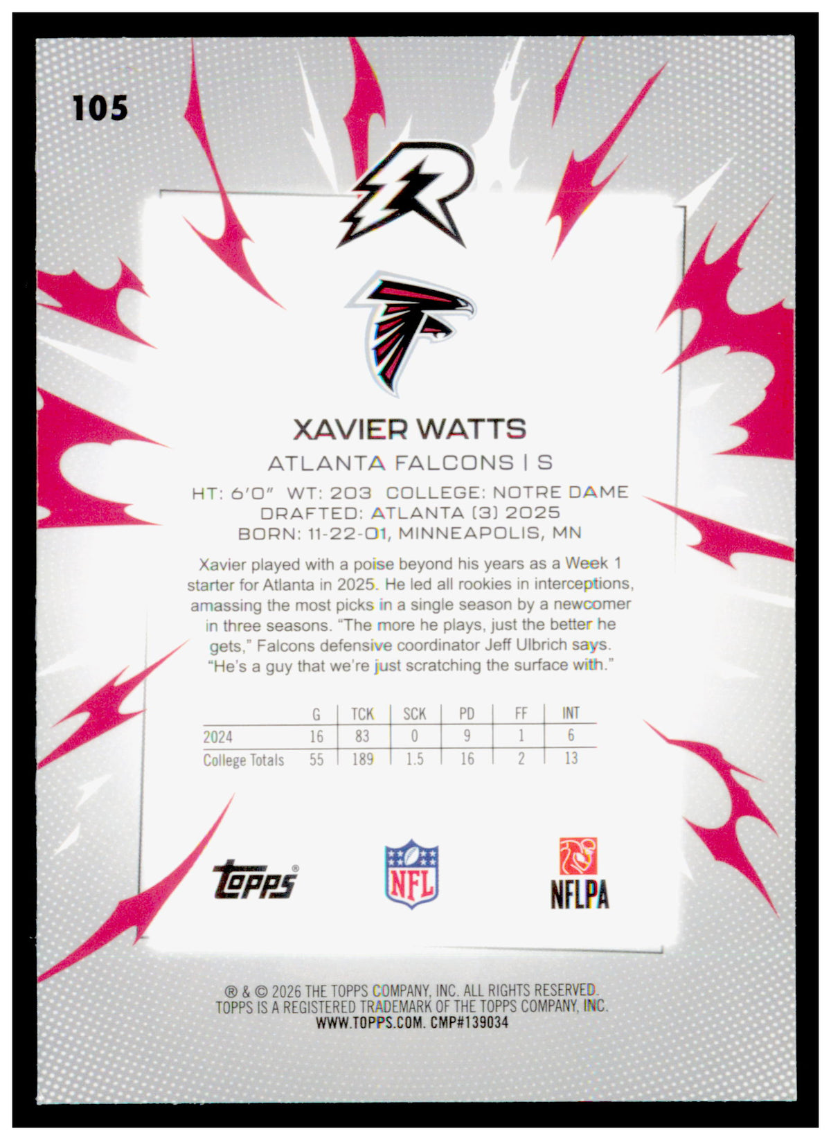 2025 Topps Resurgence Xavier Watts Card Blue & Orange Spark Refractor  Falcons
