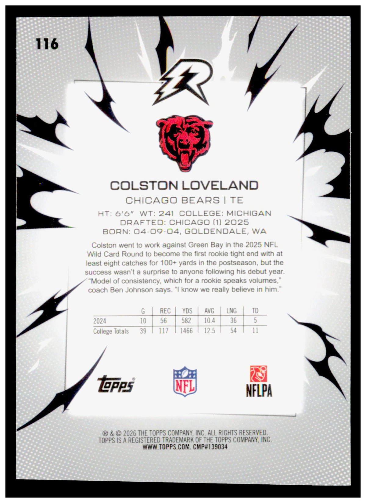 2025 Topps Resurgence Colston Loveland Card RC Chicago Bears
