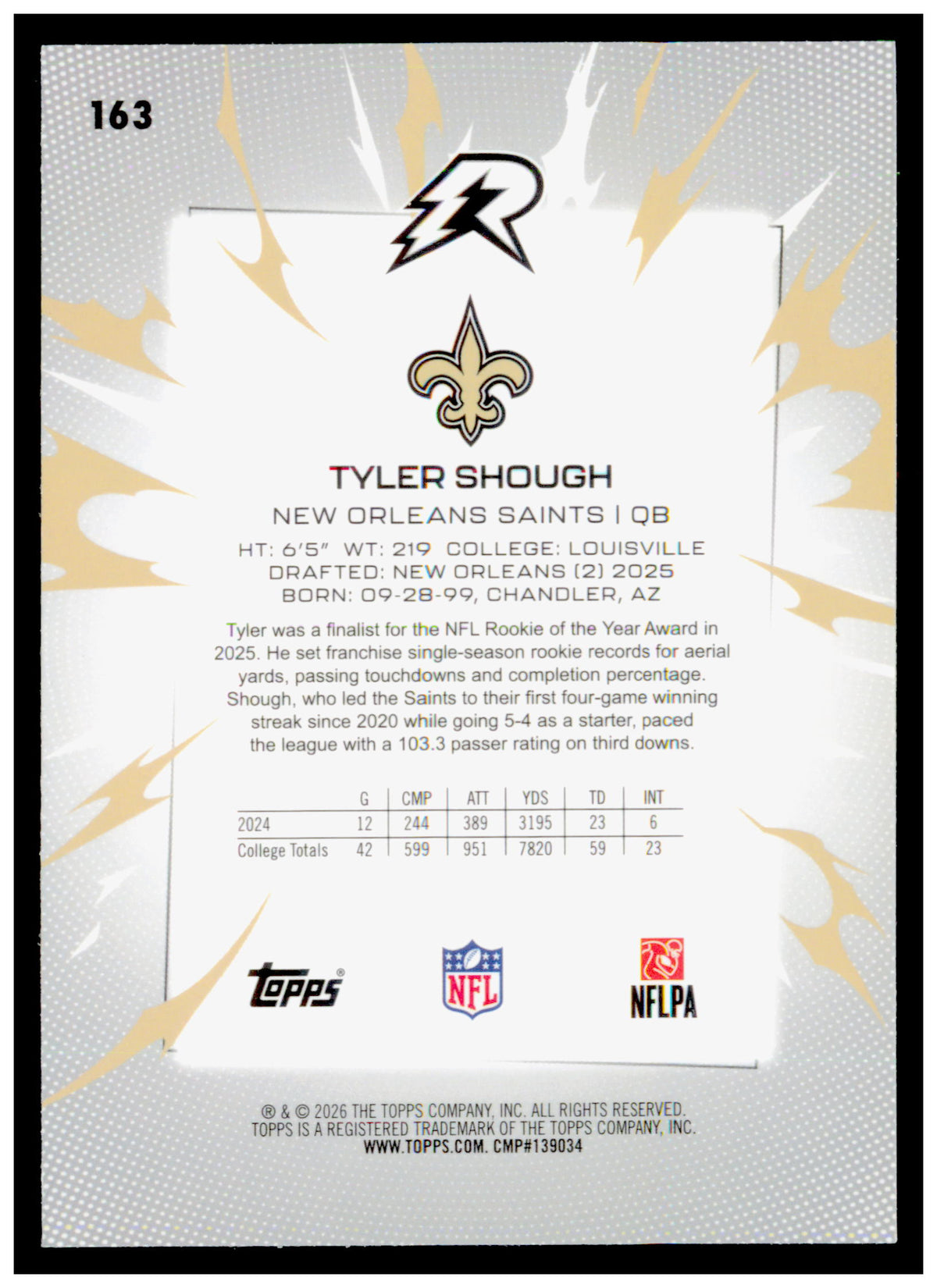 2025 Topps Resurgence Tyler Shough Card RC New Orleans Saints
