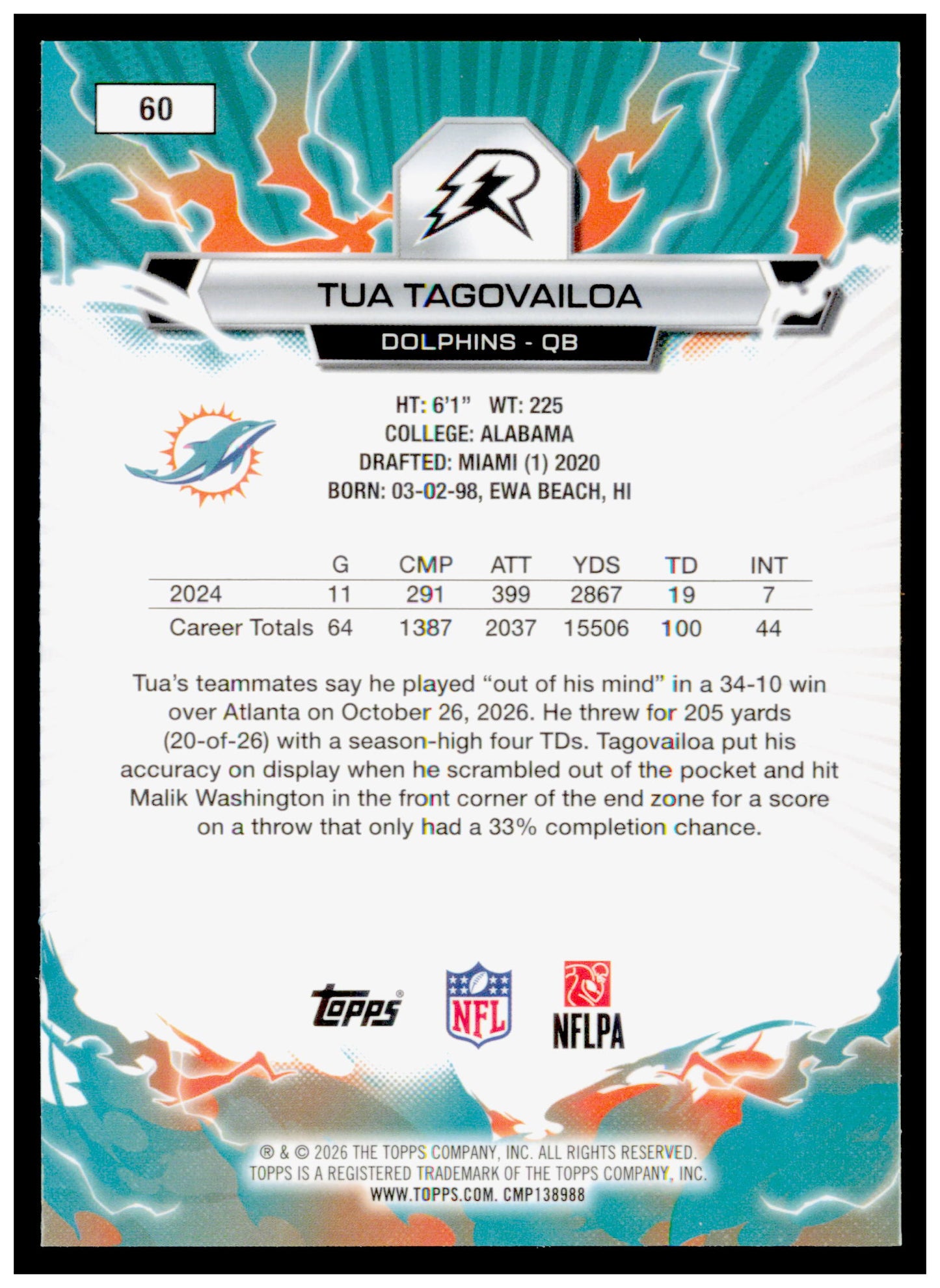 2025 Topps Resurgence Tua Tagovailoa Sky Blue & Orange Spark Refractor