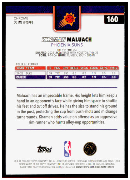 2025-26 Topps Chrome Update Khaman Maluach Card RC Phoenix Suns