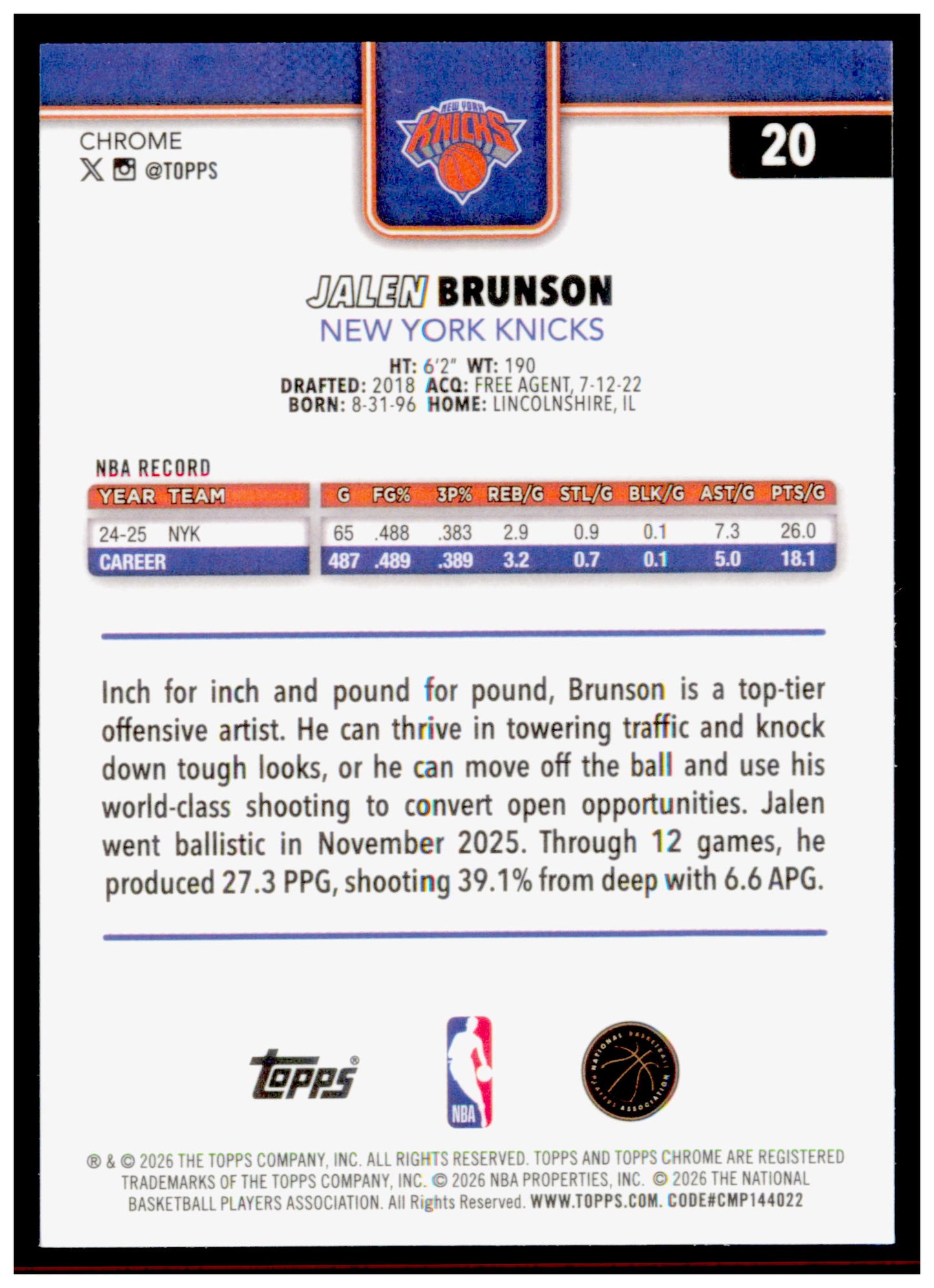 2025-26 Topps Chrome Update Jalen Brunson Card New York Knicks