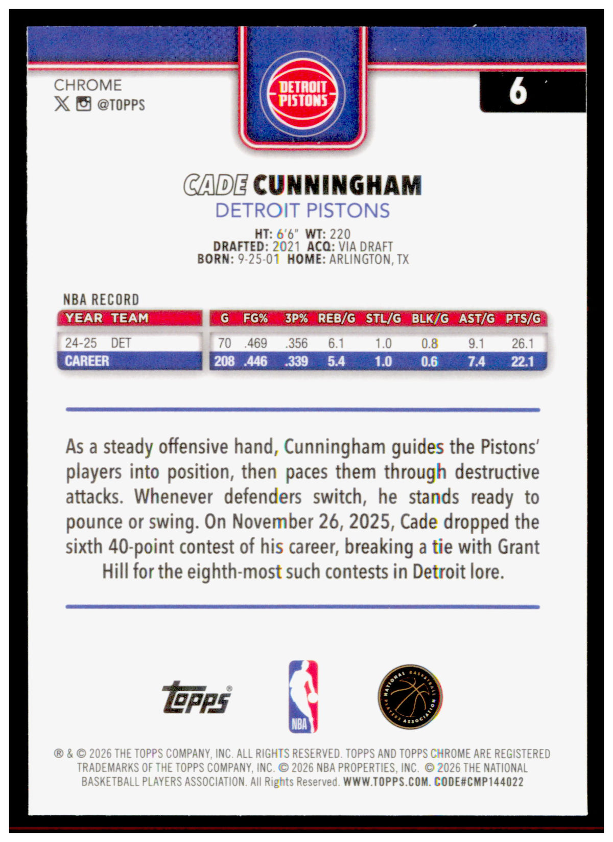 2025-26 Topps Chrome Update Cade Cunningham Card Red White and Blue Refractor