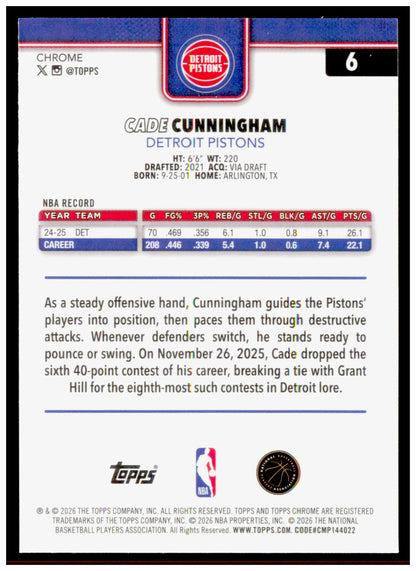 2025-26 Topps Chrome Update Cade Cunningham Card Red White and Blue Refractor