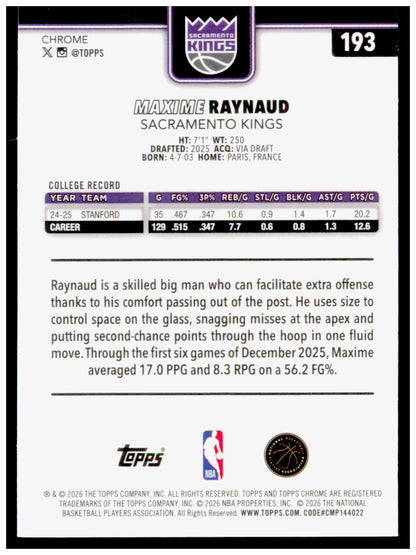 2025-26 Topps Chrome Update Maxime Raynaud Card RC Sacramento Kings