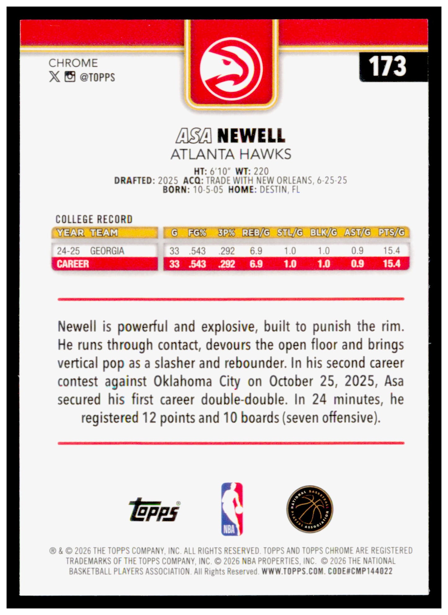 2025-26 Topps Chrome Update Asa Newell Card RC Atlanta Hawks