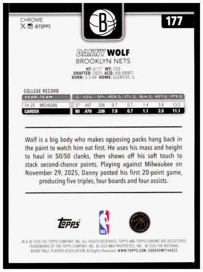 2025-26 Topps Chrome Update Danny Wolf Card RC Brooklyn Nets