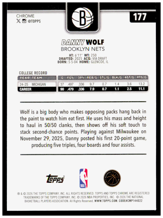 2025-26 Topps Chrome Update Danny Wolf Card RC Brooklyn Nets