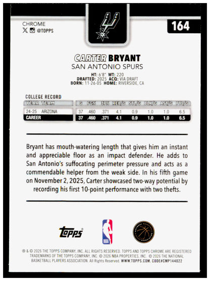 2025-26 Topps Chrome Update Carter Bryant Card RC San Antonio Spurs