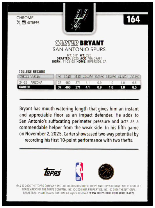 2025-26 Topps Chrome Update Carter Bryant Card RC San Antonio Spurs