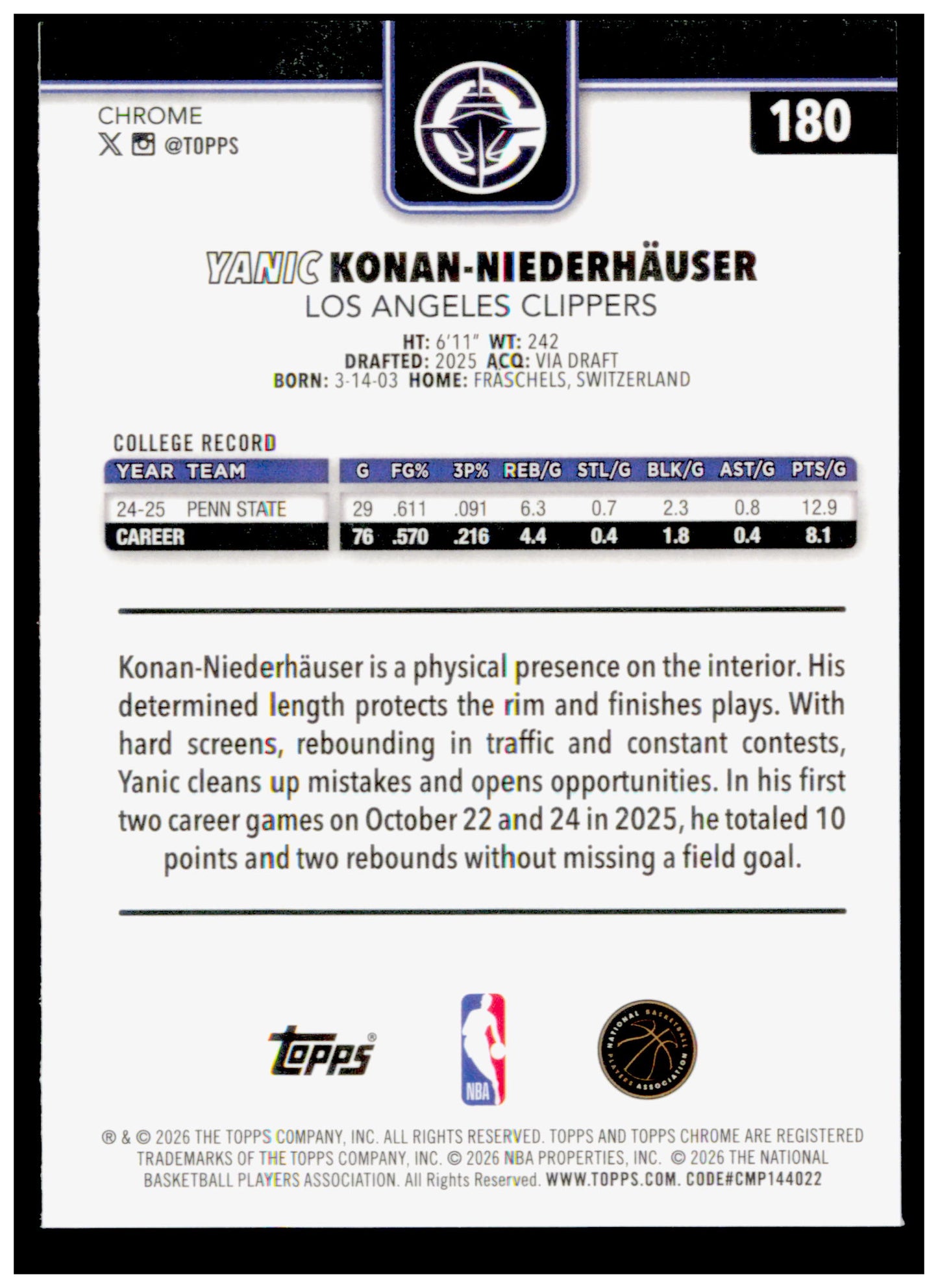2025-26 Topps Chrome Update Yanic Konan-Niederhäuser Red White & Blue