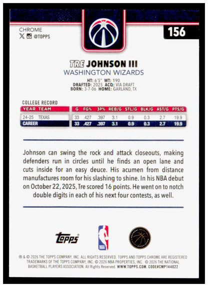 2025-26 Topps Chrome Update Tre Johnson III Card RC Washington Wizards