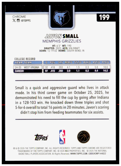 2025-26 Topps Chrome Update Javon Small Card RC Memphis Grizzlies