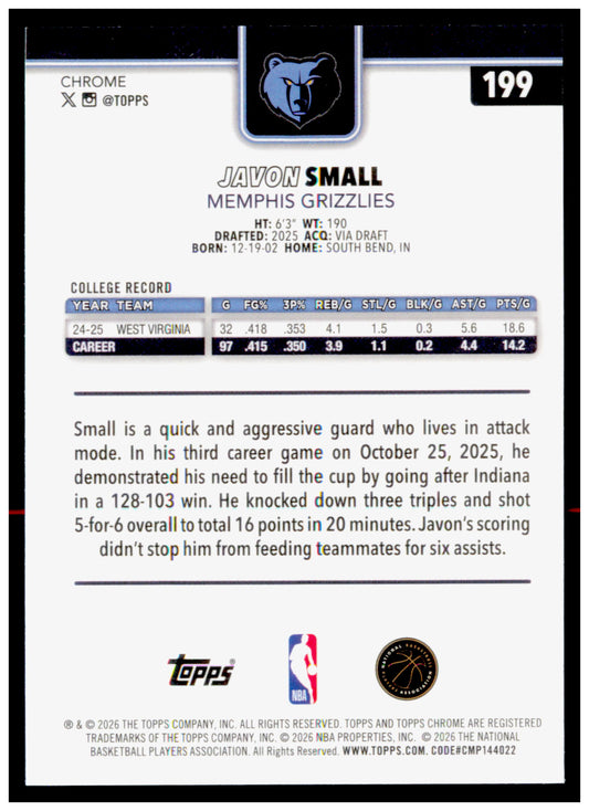2025-26 Topps Chrome Update Javon Small Card RC Memphis Grizzlies