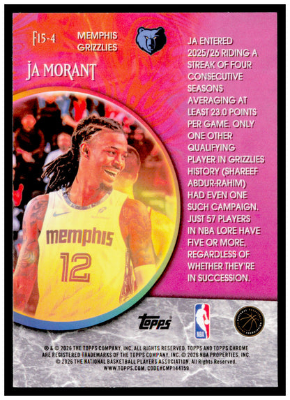 2025-26 Topps Chrome Update Ja Morant Card Fortune 15 Memphis Grizzlies