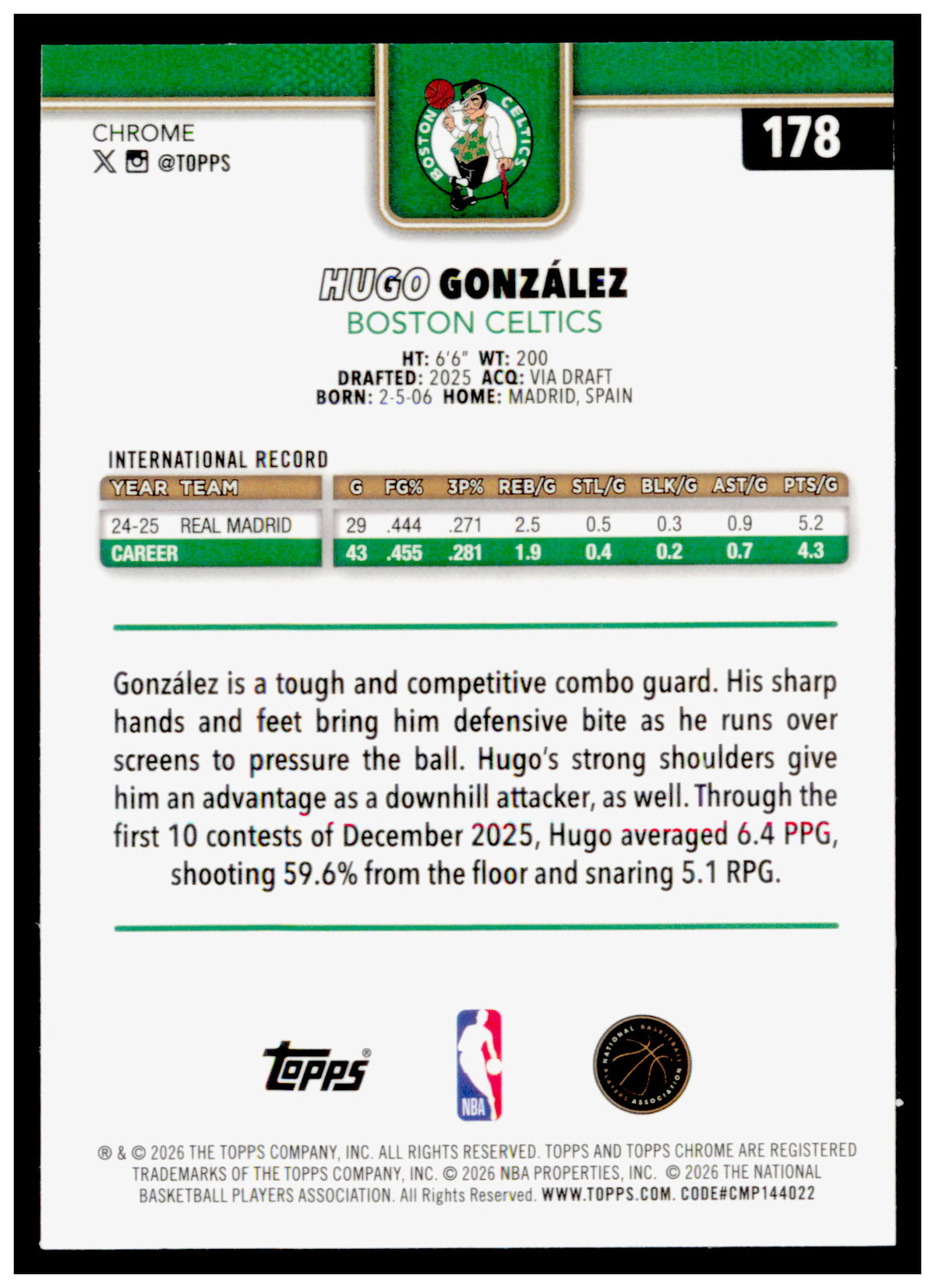 2025-26 Topps Chrome Update Hugo González Card RC Boston Celtics