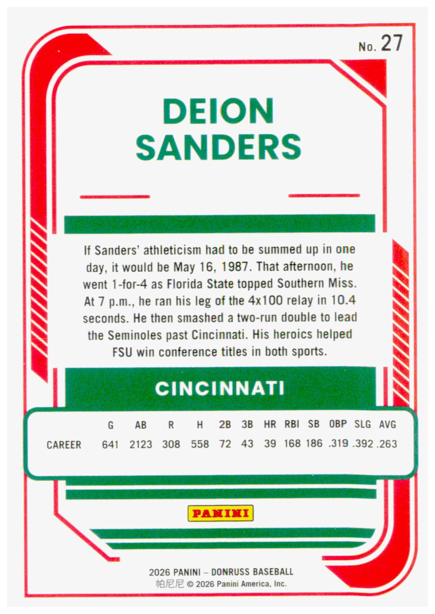 2026 Donruss Deion Sanders Card Optic Cincinnati Reds