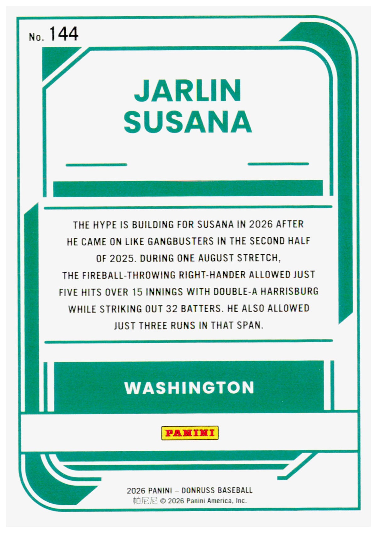 2026 Donruss Jarlin Susana Card Rockets Washington Nationals
