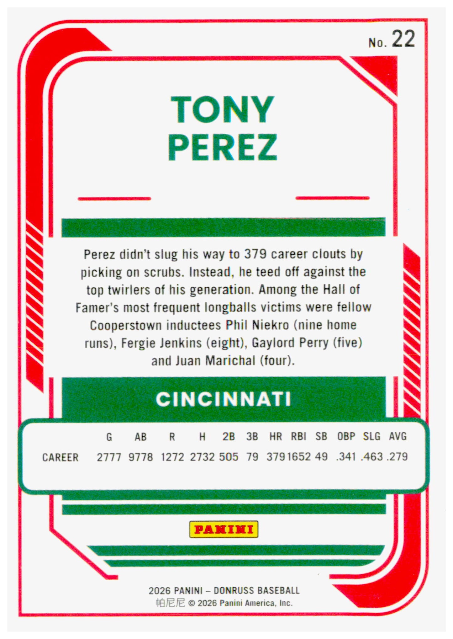 2026 Donruss Tony Perez Card Optic Cincinnati Reds