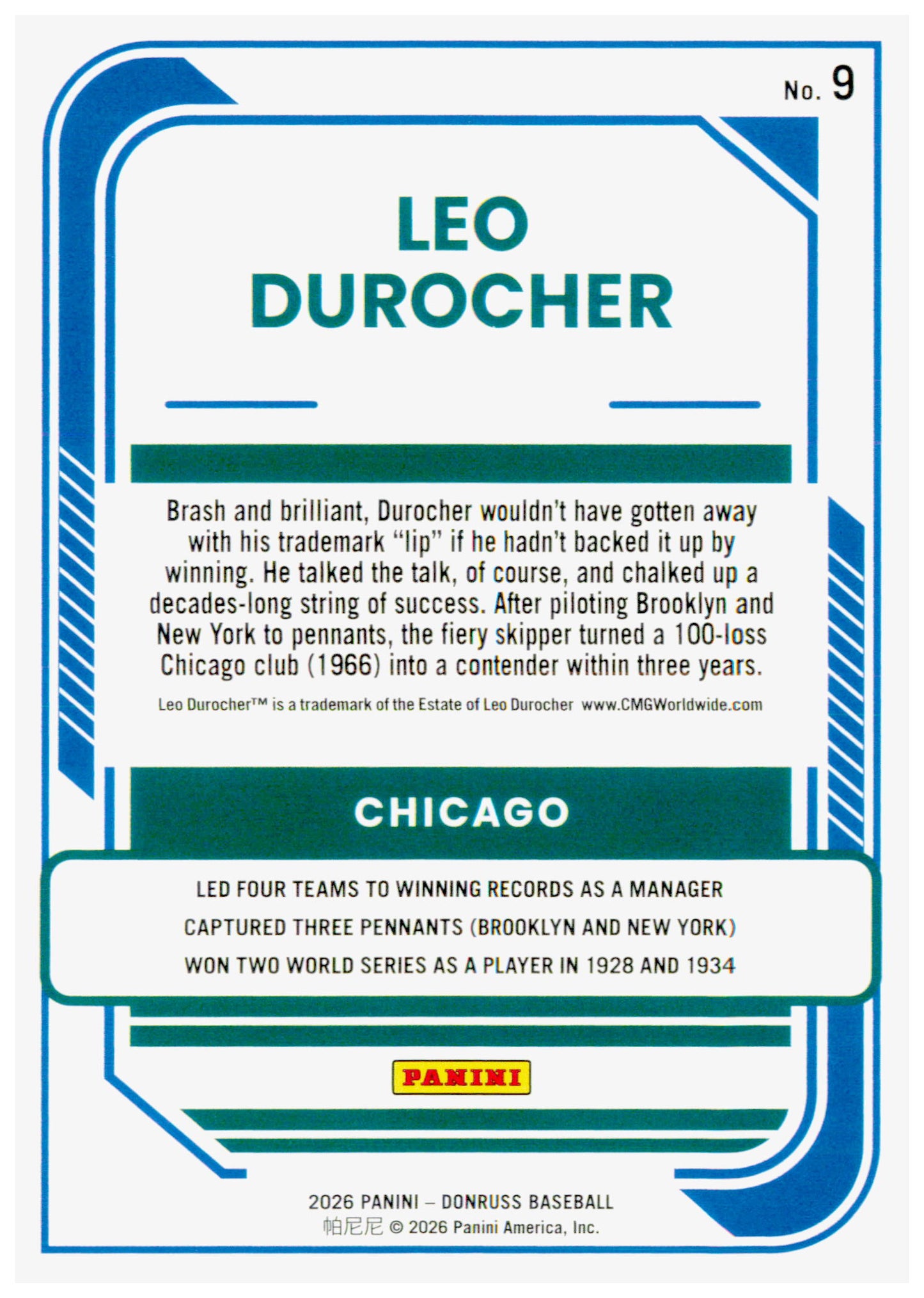 2026 Donruss Leo Durocher Card Red and Blue Chicago Cubs