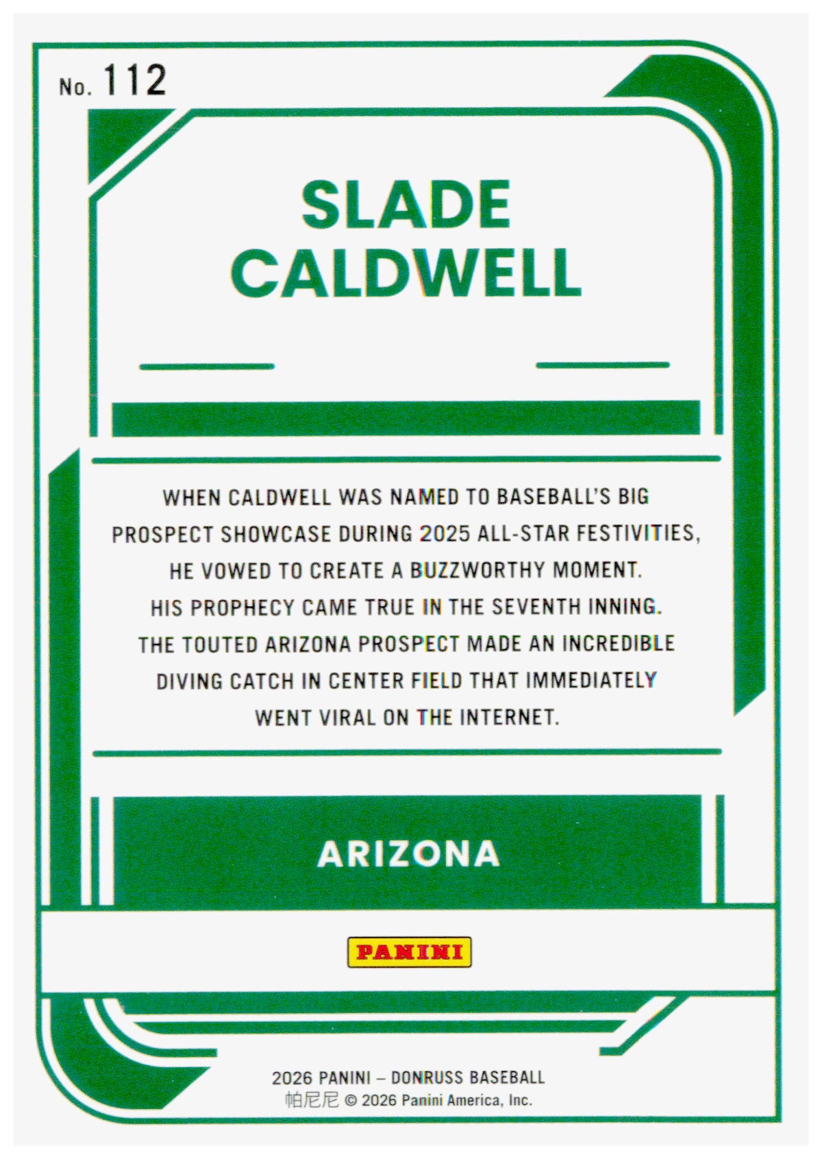 2026 Donruss Slade Caldwell Card Optic Arizona Diamondbacks
