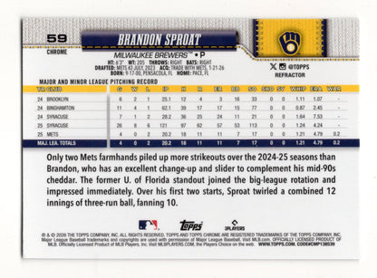 2026 Topps Chrome Brandon Sproat Card Refractors RC Milwaukee Brewers