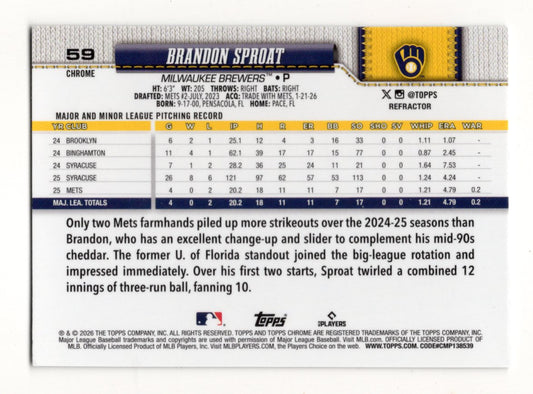 2026 Topps Chrome Brandon Sproat Card Refractors RC Milwaukee Brewers