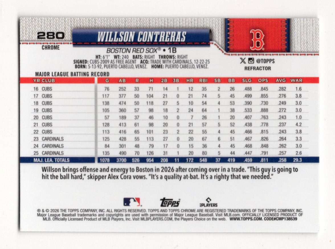 2026 Topps Chrome Willson Contreras Card Topps Refractor Boston Red Sox