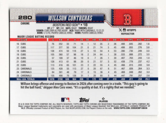 2026 Topps Chrome Willson Contreras Card Topps Refractor Boston Red Sox