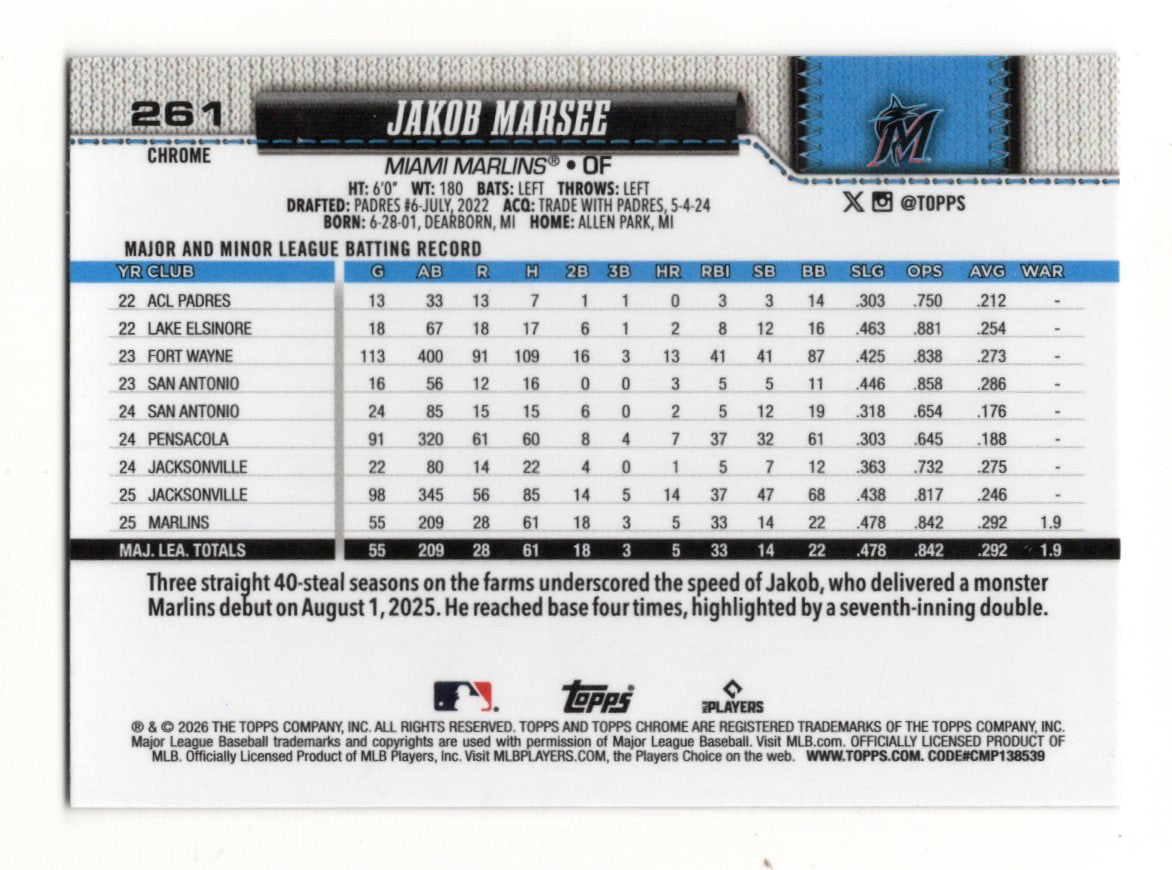 2026 Topps Chrome Jakob Marsee Card RC Miami Marlins