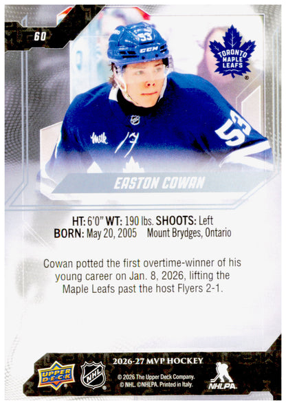2026-27 Upper Deck MVP Easton Cowan Card Toronto Maple Leafs