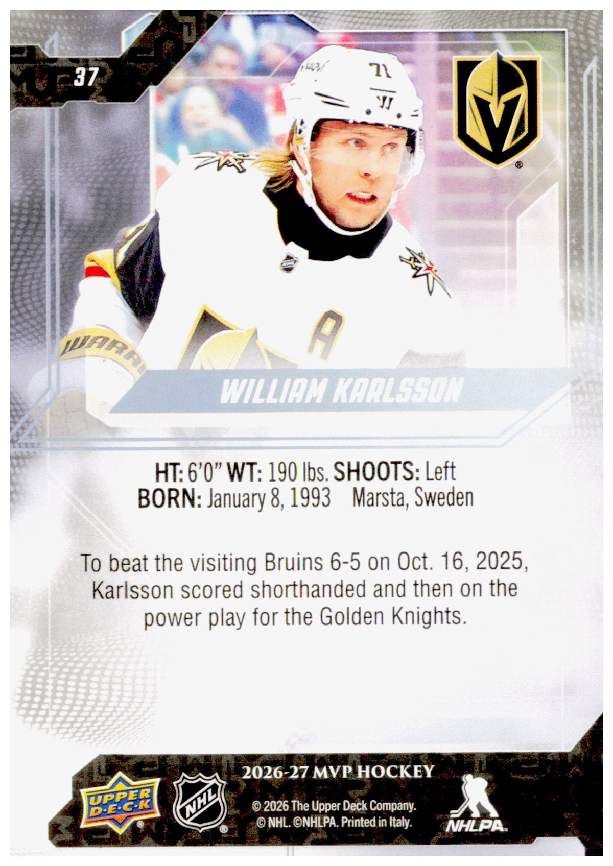 2026-27 Upper Deck MVP William Karlsson Card Vegas Golden Knights
