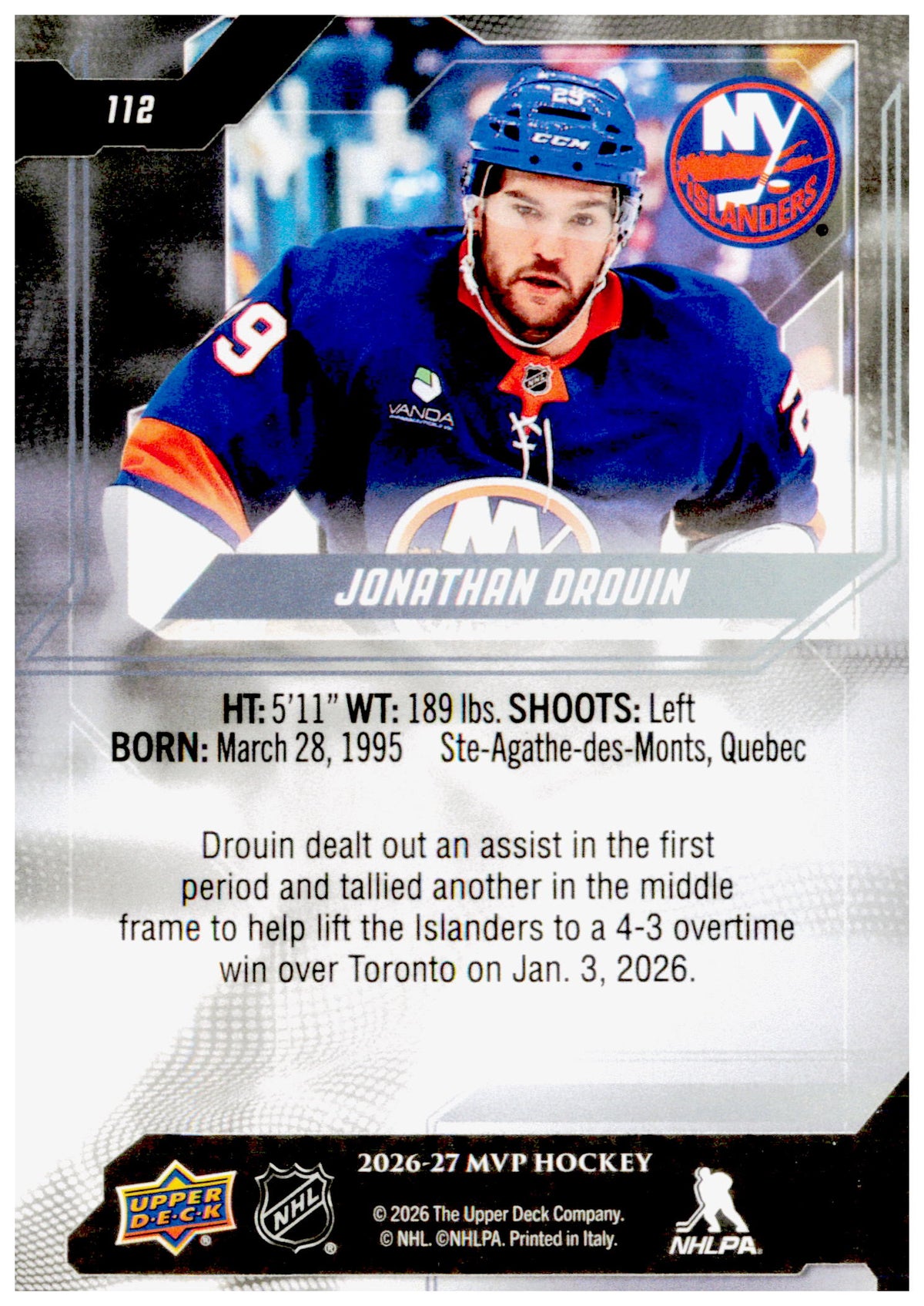 2026-27 Upper Deck MVP Jonathan Drouin Card New York Islanders