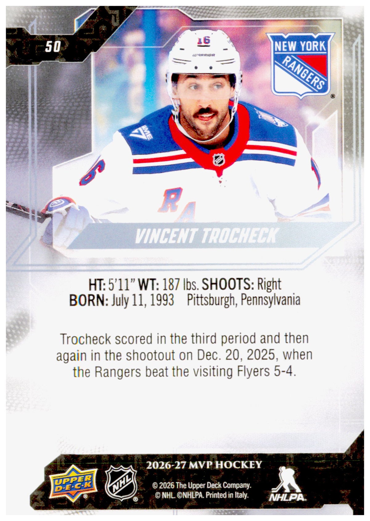 2026-27 Upper Deck MVP Vincent Trocheck Card New York Rangers
