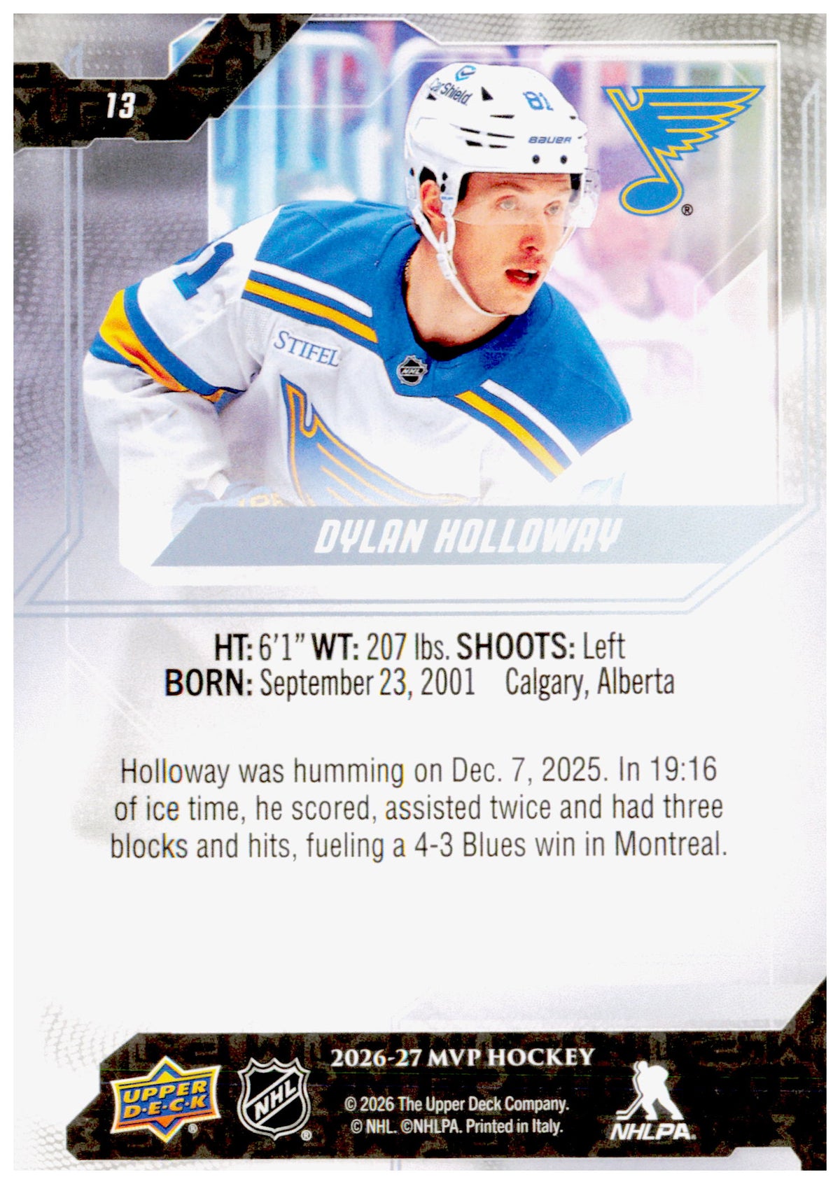 2026-27 Upper Deck MVP Dylan Holloway Card St. Louis Blues