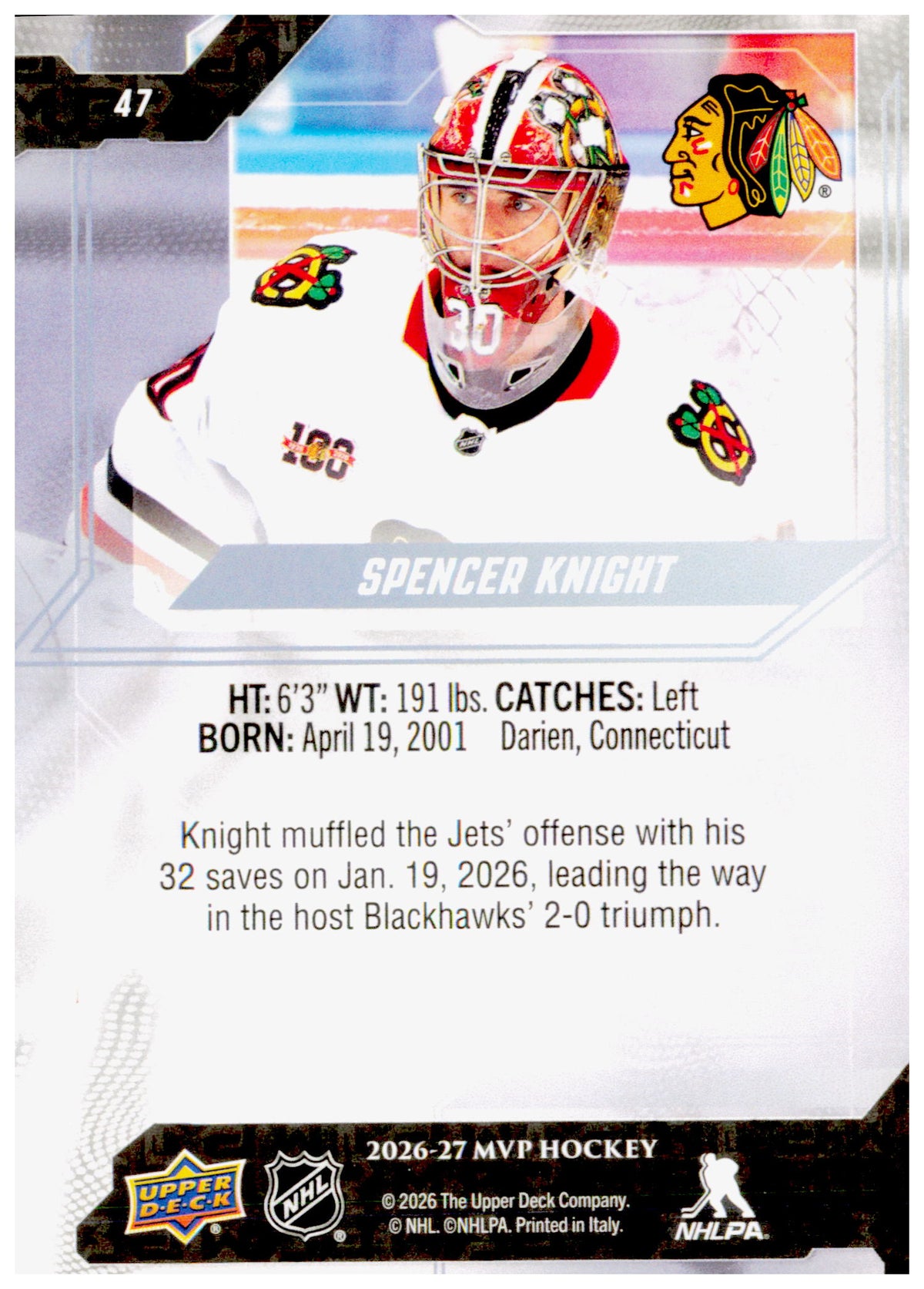 2026-27 Upper Deck MVP Spencer Knight Card Chicago Blackhawks