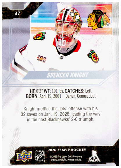 2026-27 Upper Deck MVP Spencer Knight Card Chicago Blackhawks