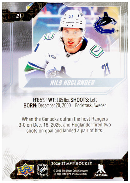 2026-27 Upper Deck MVP Nils Hoglander Card Vancouver Canucks