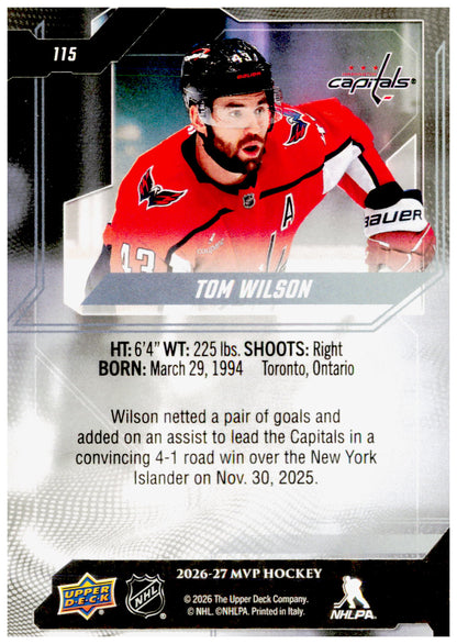 2026-27 Upper Deck MVP Tom Wilson Card Washington Capitals