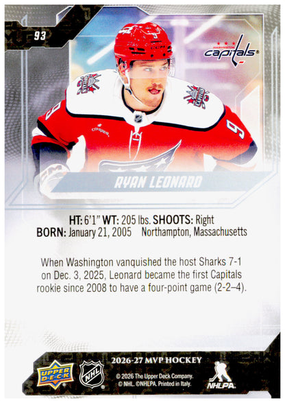 2026-27 Upper Deck MVP Ryan Leonard Card Washington Capitals