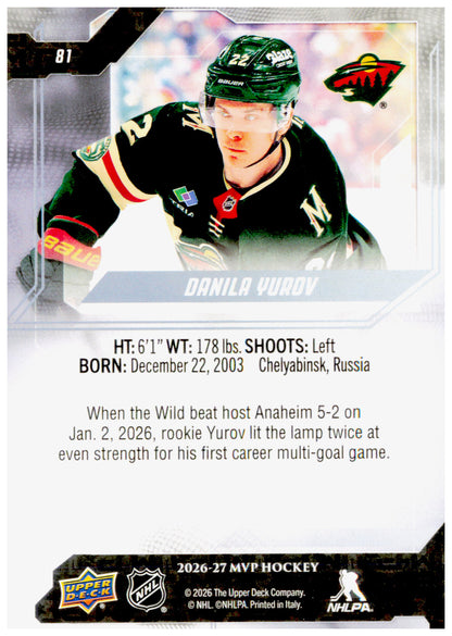 2026-27 Upper Deck MVP Danila Yurov Card Minnesota Wild