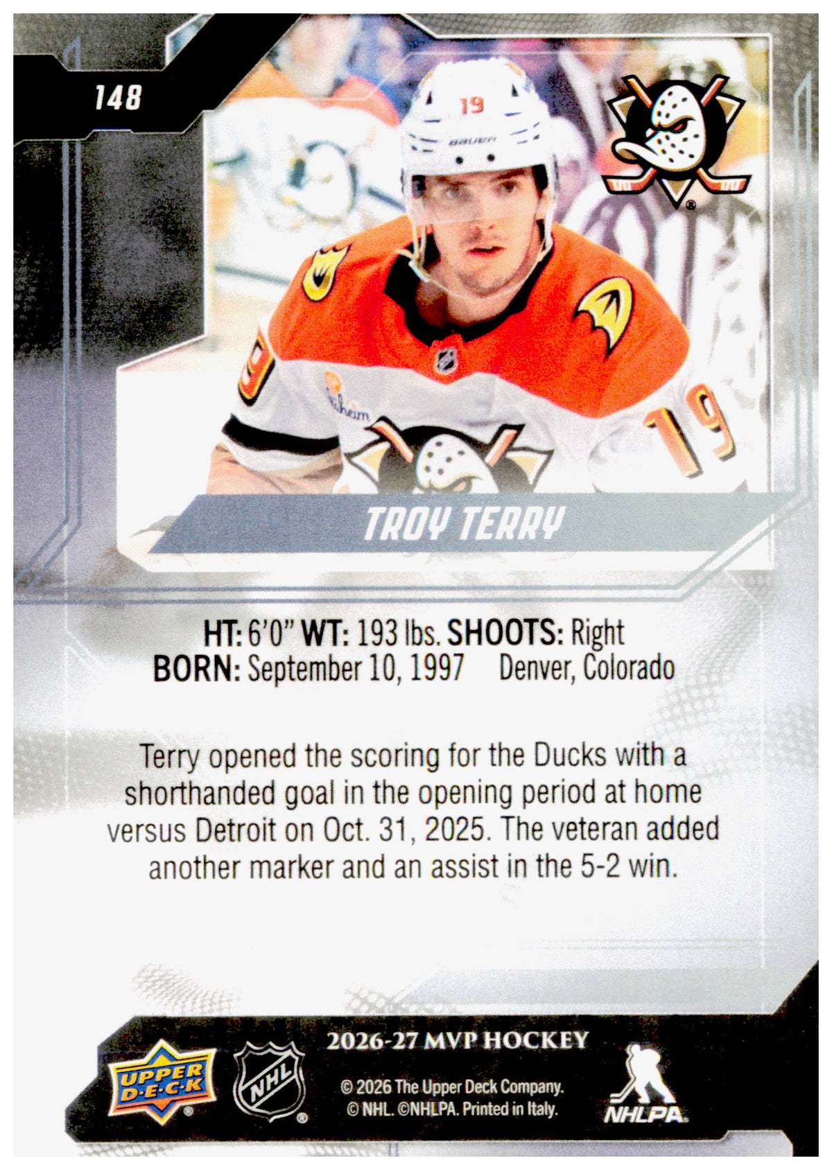 2026-27 Upper Deck MVP Troy Terry Card Anaheim Ducks