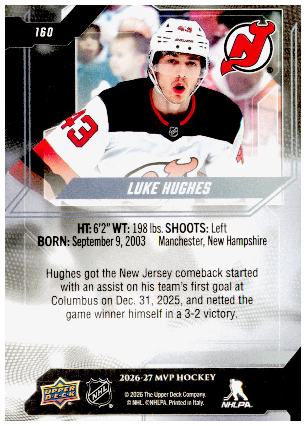 2026-27 Upper Deck MVP Luke Hughes Card New Jersey Devils