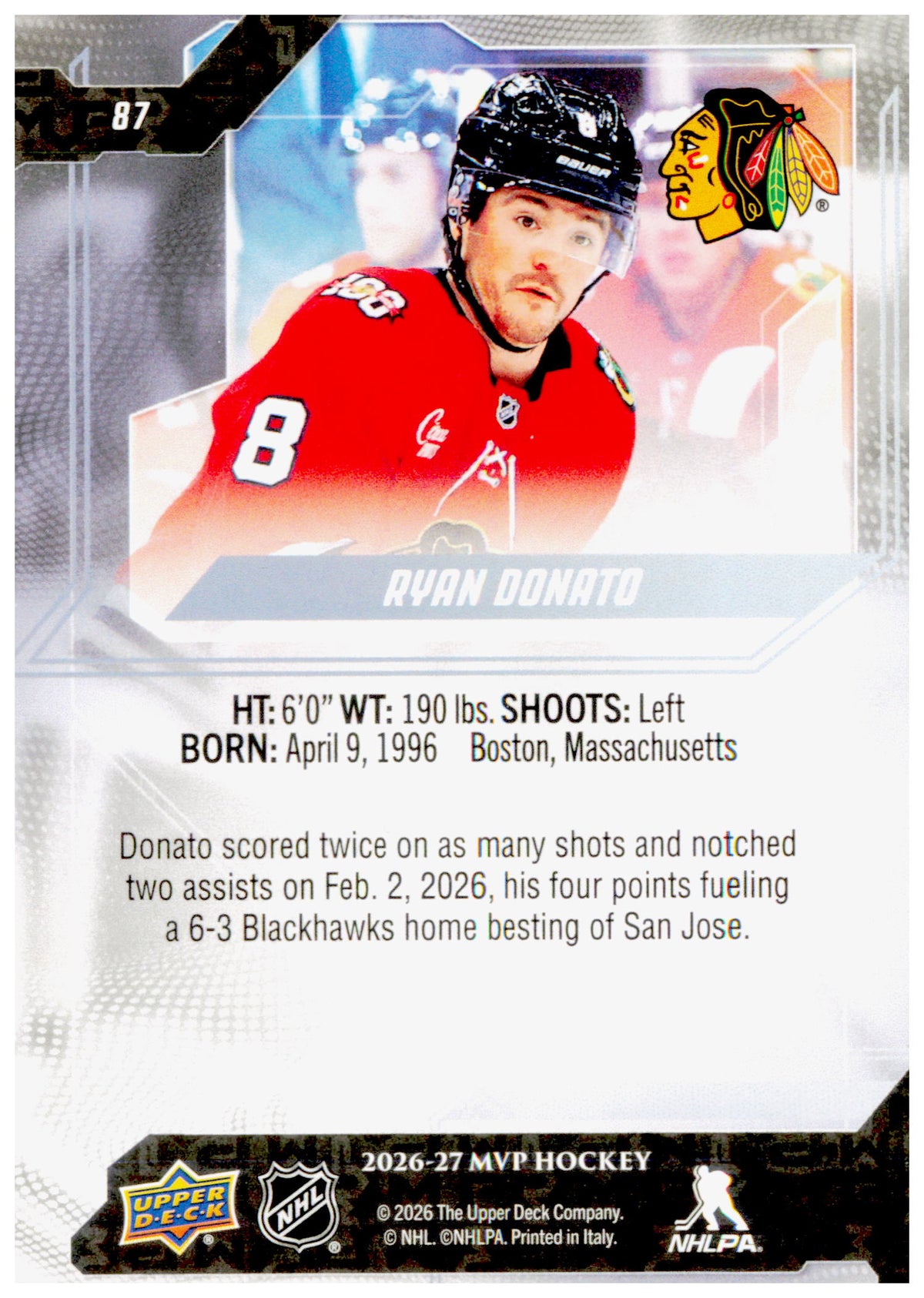 2026-27 Upper Deck MVP Ryan Donato Card Chicago Blackhawks